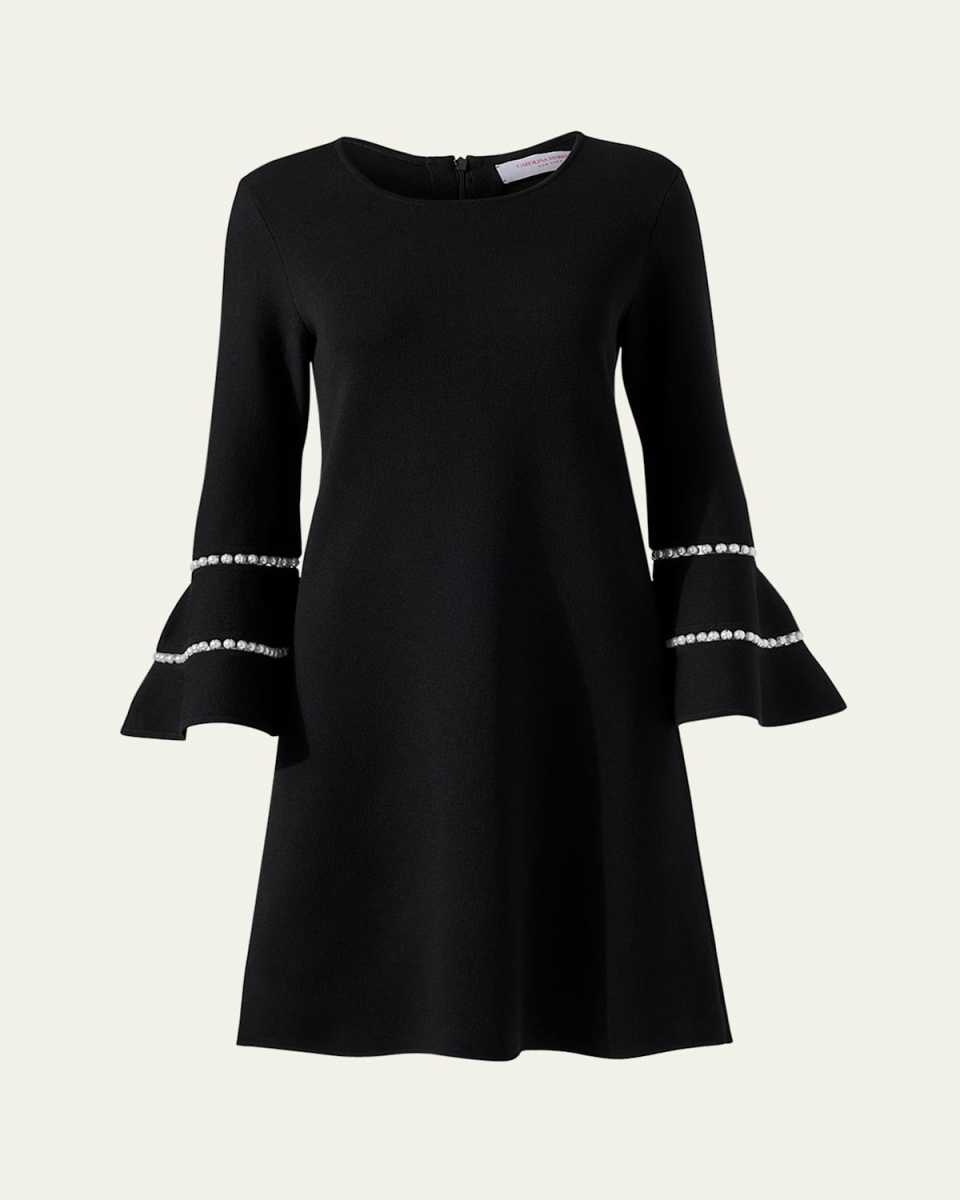 Three-Quarter Ruffle Sleeve Mini Dress with Inset Pearl Detai